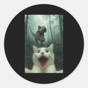 Adesivo Redondo Gato Branco Engraçado Selfie Com Dinossauro T-rex,