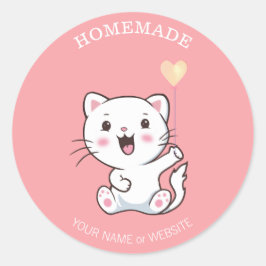 Adesivo Redondo Gato Branco Feliz e Fofo com Balão de Coração Home