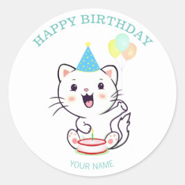 Adesivo Redondo Gato Branco Feliz e Fofo com Balões de Aniversário