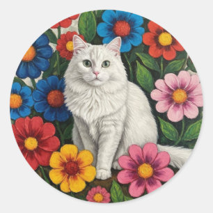 Adesivo Redondo Gato Branco Fofinho e Flores da Arte Folclórica