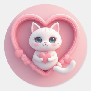 Adesivo Redondo Gato Branco Fofo com Coração Desenho de Kawaii Kit