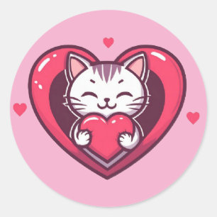 Adesivo Redondo Gato Branco Fofo com Coração Desenho de Kawaii Kit