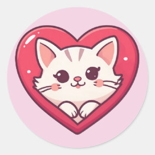 Adesivo Redondo Gato Branco Fofo com Coração Desenho de Kawaii Kit