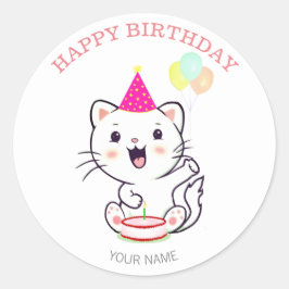 Adesivo Redondo Gato Branco Fofo e Feliz com Balões de Aniversário