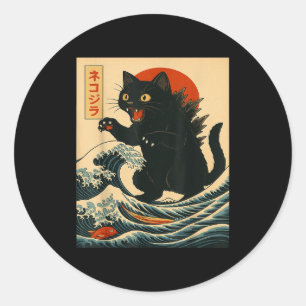 Adesivo Redondo Gato Catzilla Arte Japonês Gato Engraçado Para Hom