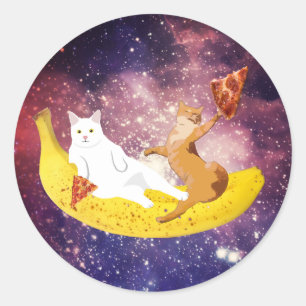 Adesivo Redondo Gato cavalgando banana na galáxia