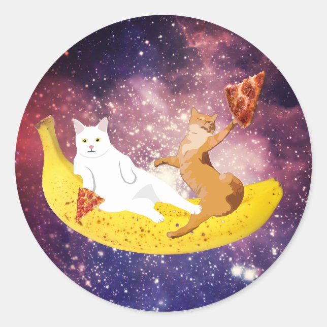 Adesivo Redondo Gato cavalgando banana na galáxia (Frente)