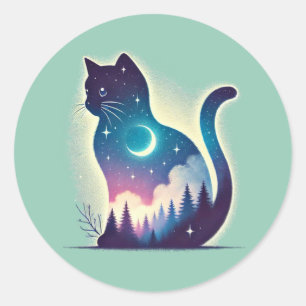 Adesivo Redondo Gato Celestial - Vinheta de Arte de Exposição Dupl