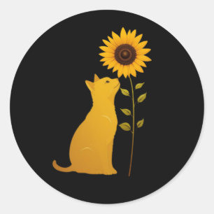 Adesivo Redondo Gato Cheirando Arte Minimalista De Girassol