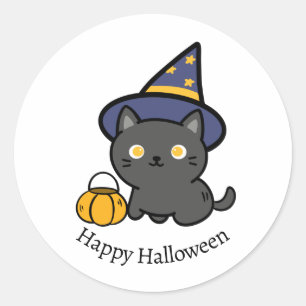 Adesivo Redondo Gato Chibi Fofo Feliz Halloween