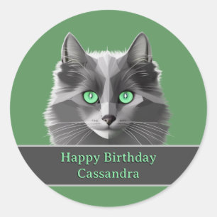 Adesivo Redondo Gato Cinza Fofo e Mensagem de Aniversário ou Ocasi