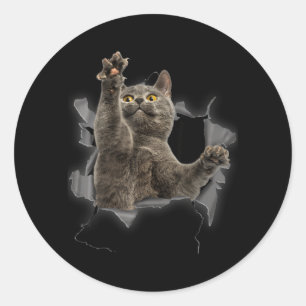 Adesivo Redondo Gato Cinza Tecido Rasgado Gato Engraçado Pai Gato