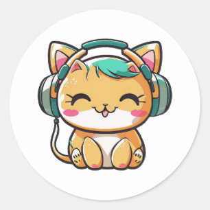 Adesivo Redondo Gato Colorido Feliz Kawaii com Fones de ouvido