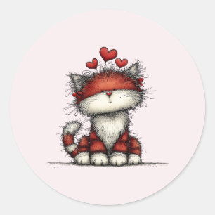 Adesivo Redondo Gato com Corações de Amor Vermelhos Fofo e Diverti