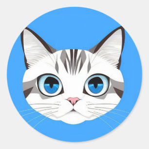 Adesivo Redondo Gato Com Olhos Azuis Sobre um Fundo Azul Brilhante