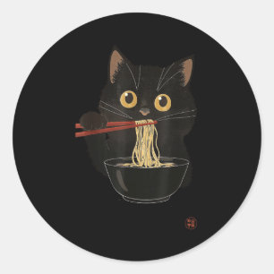 Adesivo Redondo Gato Comendo Ramen Engraçado Japonês Kawaii Gato A