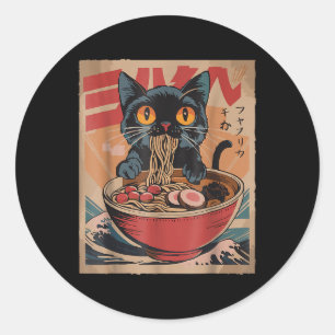 Adesivo Redondo Gato Comendo Ramen Japonês Camisetas Gráficas Kawa