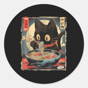 Adesivo Redondo Gato Comendo Ramen Noodle Engraçado Japonês Kawaii