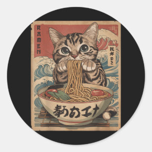 Adesivo Redondo Gato Comendo Ramen Noodles Kawaii Anime Manga Japa