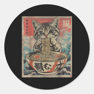 Adesivo Redondo Gato Comendo Ramen Noodles Kawaii Anime Manga Japa