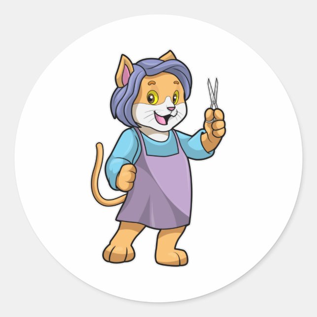 Adesivo Redondo Gato como cabeleireiro com tesoura (Frente)