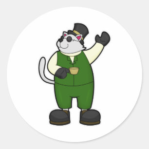 Adesivo Redondo Gato como noivo com café e chapéu