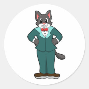 Adesivo Redondo Gato como Noivo com Terno e Fita