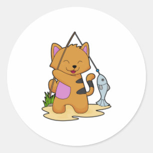 Adesivo Redondo Gato como pescador com cana de pesca e peixe
