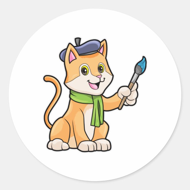 Adesivo Redondo Gato como Pintor com Pincel e Escarpo (Frente)