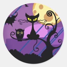 Adesivo Redondo Gato/Coruja Preto de Halloween e Vinheta de Árvore