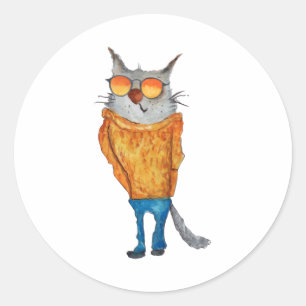 Adesivo Redondo Gato Cujo Gato Veste Suéter De Laranja E Blu