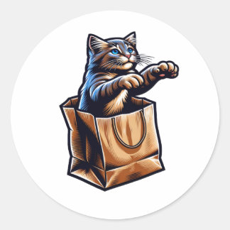 Adesivo Redondo Gato curioso em uma bolsa de papel