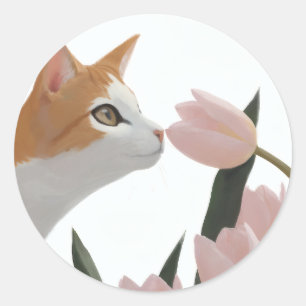 Adesivo Redondo Gato Curioso Floral de Primavera