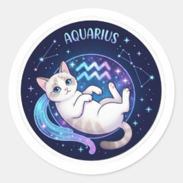 Adesivo Redondo Gato Cute Aquário Zodíaco Espaço Galáxia Estrelas