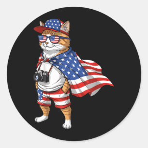 Adesivo Redondo Gato da Bandeira Americana Vermelho Branco Azul Pa