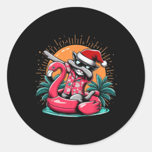 Adesivo Redondo Gato Dabbing Natal Em Julho Havaiano Flamingo Xm