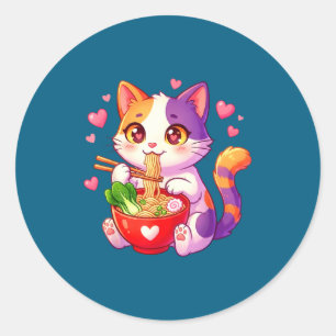 Adesivo Redondo Gato de Anime Comendo Macarrão Ramen Com Corações