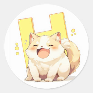 Adesivo Redondo Gato de anime feliz da letra H