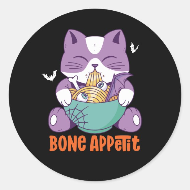 Adesivo Redondo Gato De Animo Cinto Comeu Ramen Bon Apetit Hallowe (Frente)