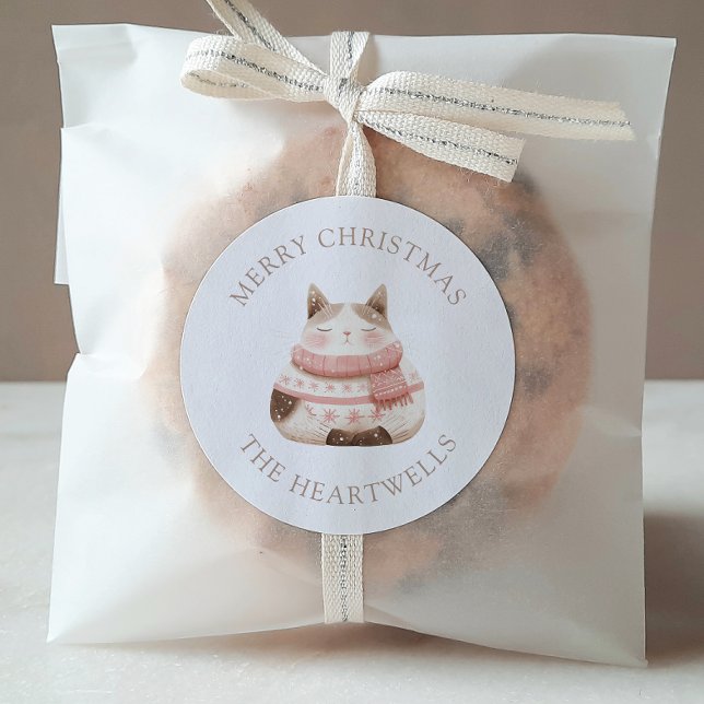 Adesivo Redondo Gato de Aquarela Personalizado Feliz Natal (Criador carregado)