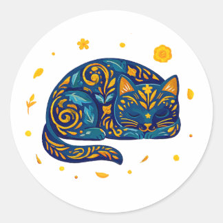 Adesivo Redondo Gato de Arte Popular em Azul