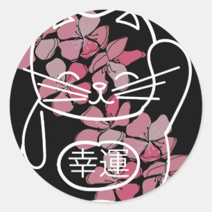 Adesivo Redondo Gato de Boa Sorte Japonês com Flores Sakura Rosa