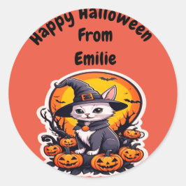 Adesivo Redondo Gato de bruxa bonito com abóbora