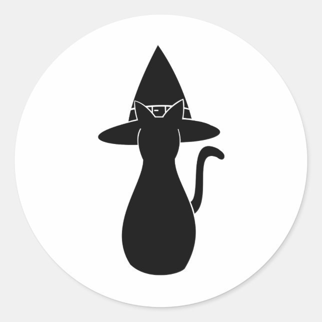 Adesivo Redondo Gato de Bruxa Preta Silhouette com chapéu mágico (Frente)