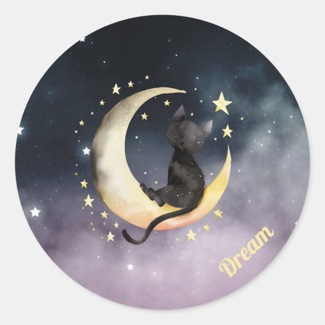 Adesivo Redondo Gato de Cartoon Bonito na Lua (Frente)