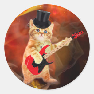 Adesivo Redondo Gato-de-cheiro com chapéu e guitarra