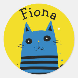 Adesivo Redondo Gato de Desenho Animado Azul e Amarelo Personaliza