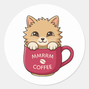 Adesivo Redondo Gato de Desenho Animado Fofo em Caneca de Café com