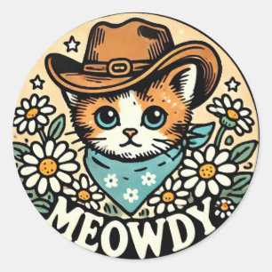 Adesivo Redondo Gato de Gatinho de Cowboy Meowdy