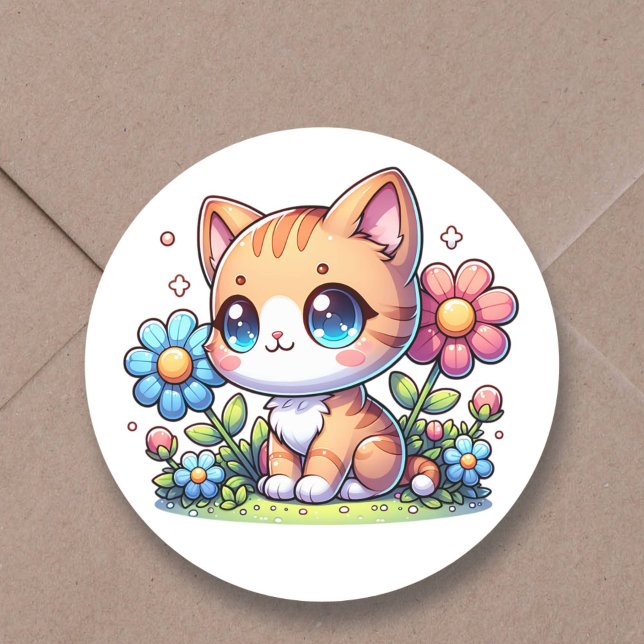 Adesivo Redondo Gato de Gatinho Laranja Chibi-Cugado em Flores Ros (Criador carregado)